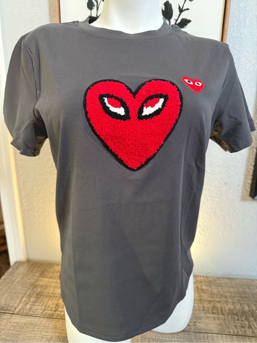 Gray Tee with Red Heart Patch